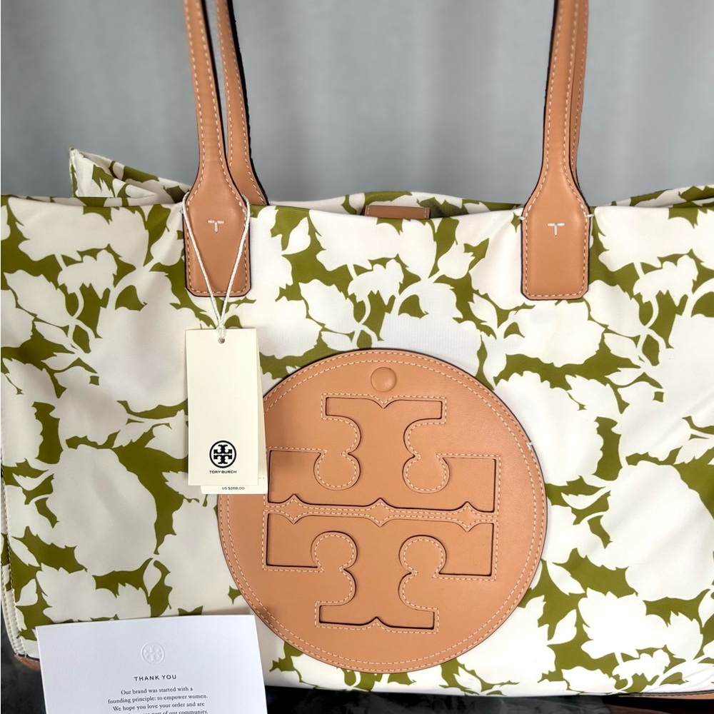 🌸 NWT Tory Burch Large Ella Tote Shopper Bag Green Flower Print Shoulder Purse